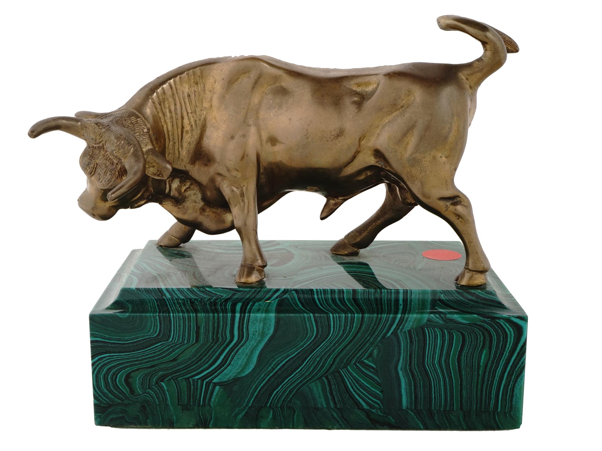 RUSSIAN BRONZE FIGURE OF BULL ON MALACHITE STAND PIC-1